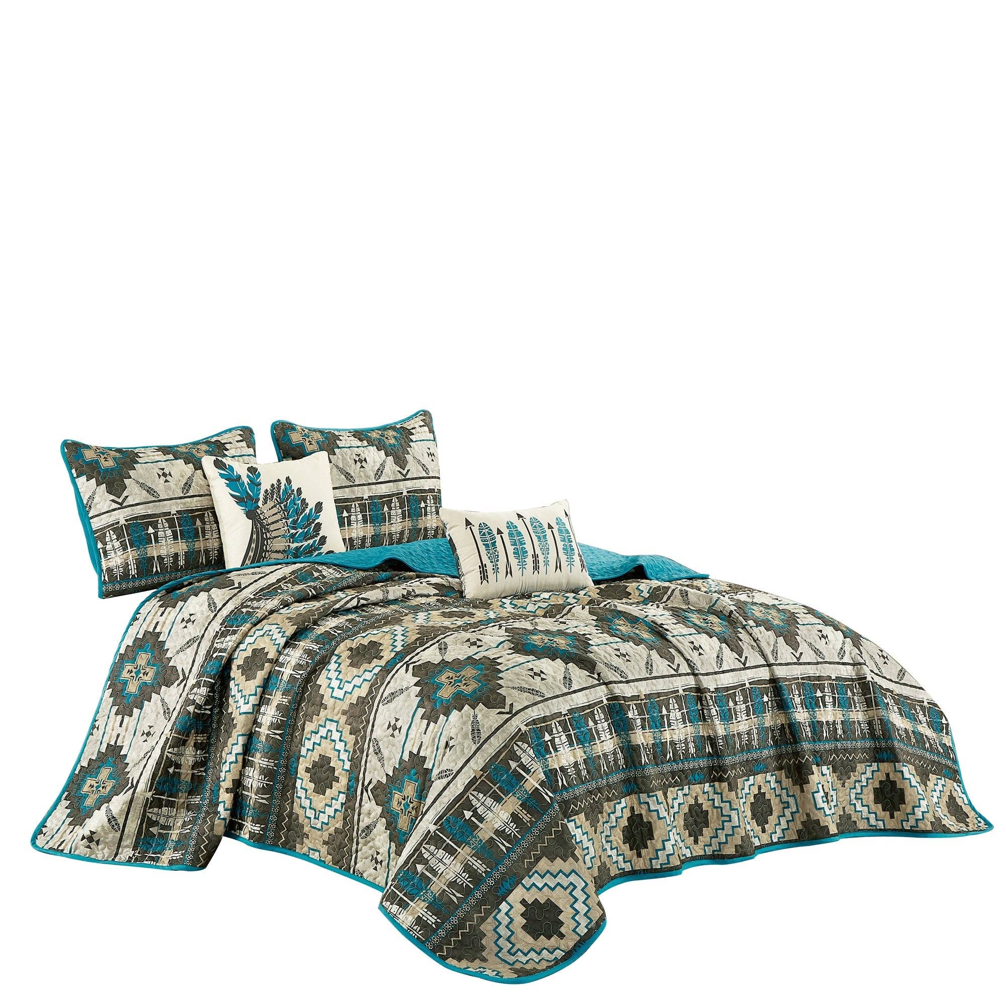 Southwestern Tan Turquoise Feather Aztec Quilt - 5 Piece Set