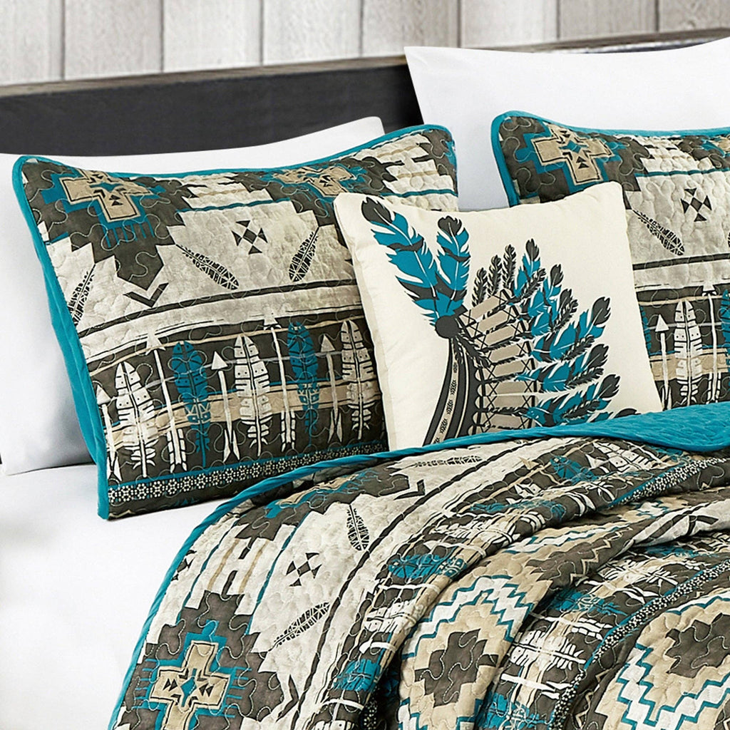 Southwestern Tan Turquoise Feather Aztec Quilt - 5 Piece Set