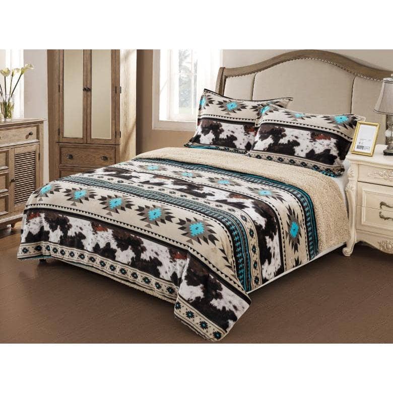 Southwestern Cowhide Trim Aztec Sherpa - 3 Piece Set