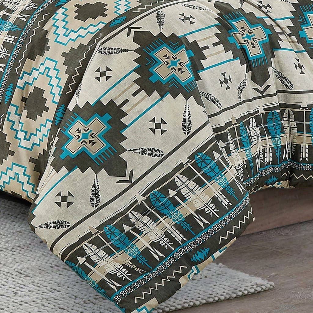 Southwestern Tan Navajo Turquoise Feather Aztec Comforter - 6 Piece Set