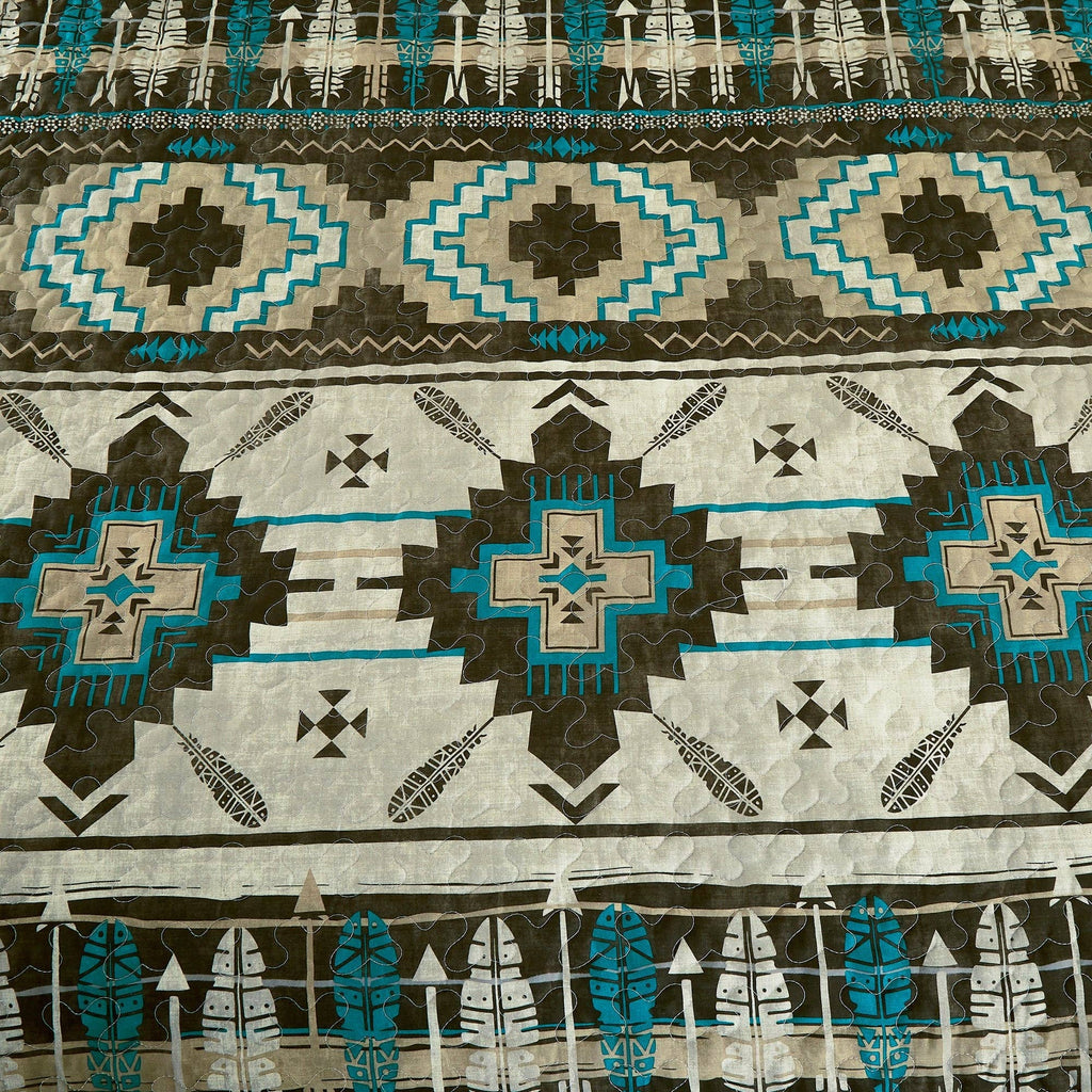 Southwestern Tan Turquoise Feather Aztec Quilt - 5 Piece Set
