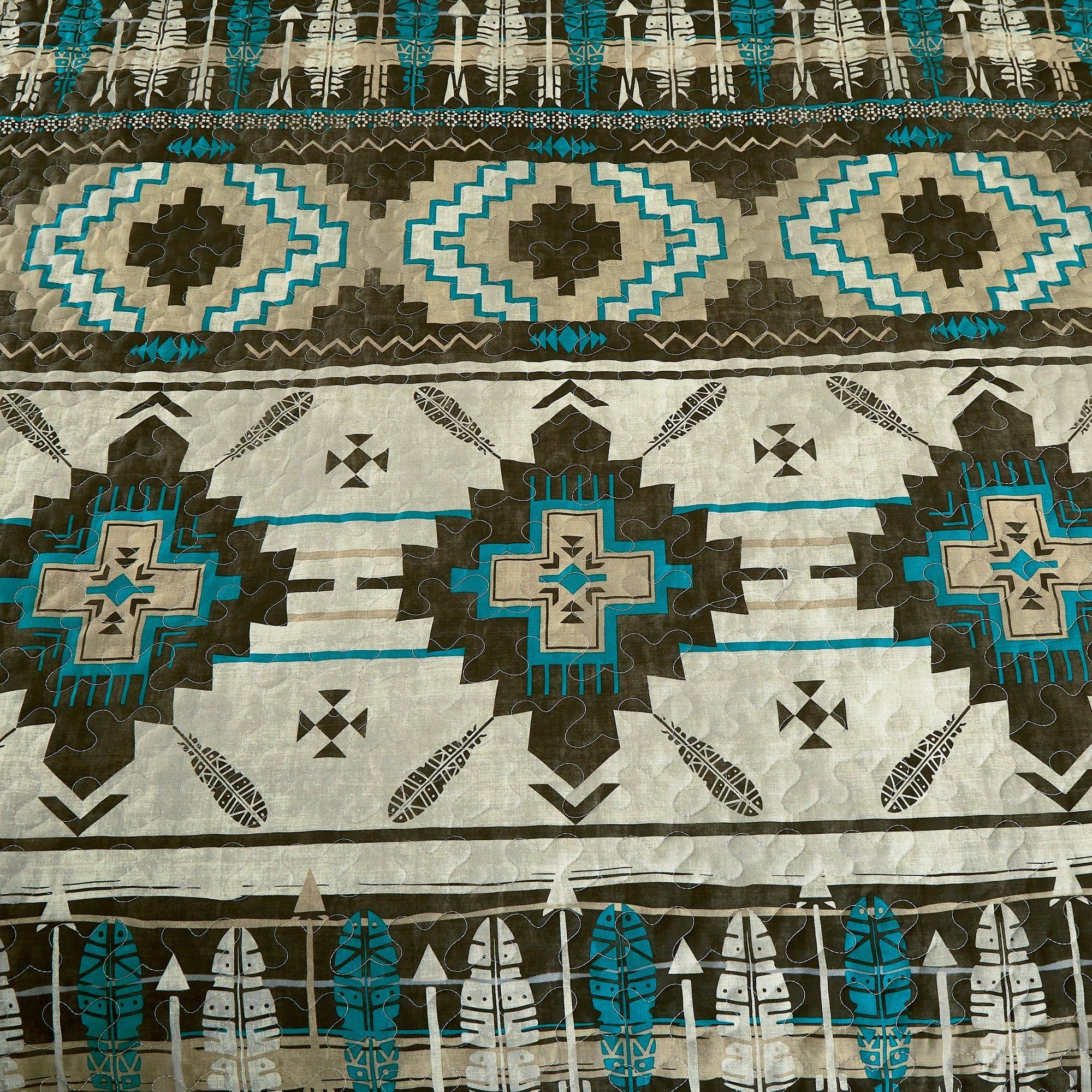 Southwestern Tan Turquoise Feather Aztec Quilt - 5 Piece Set