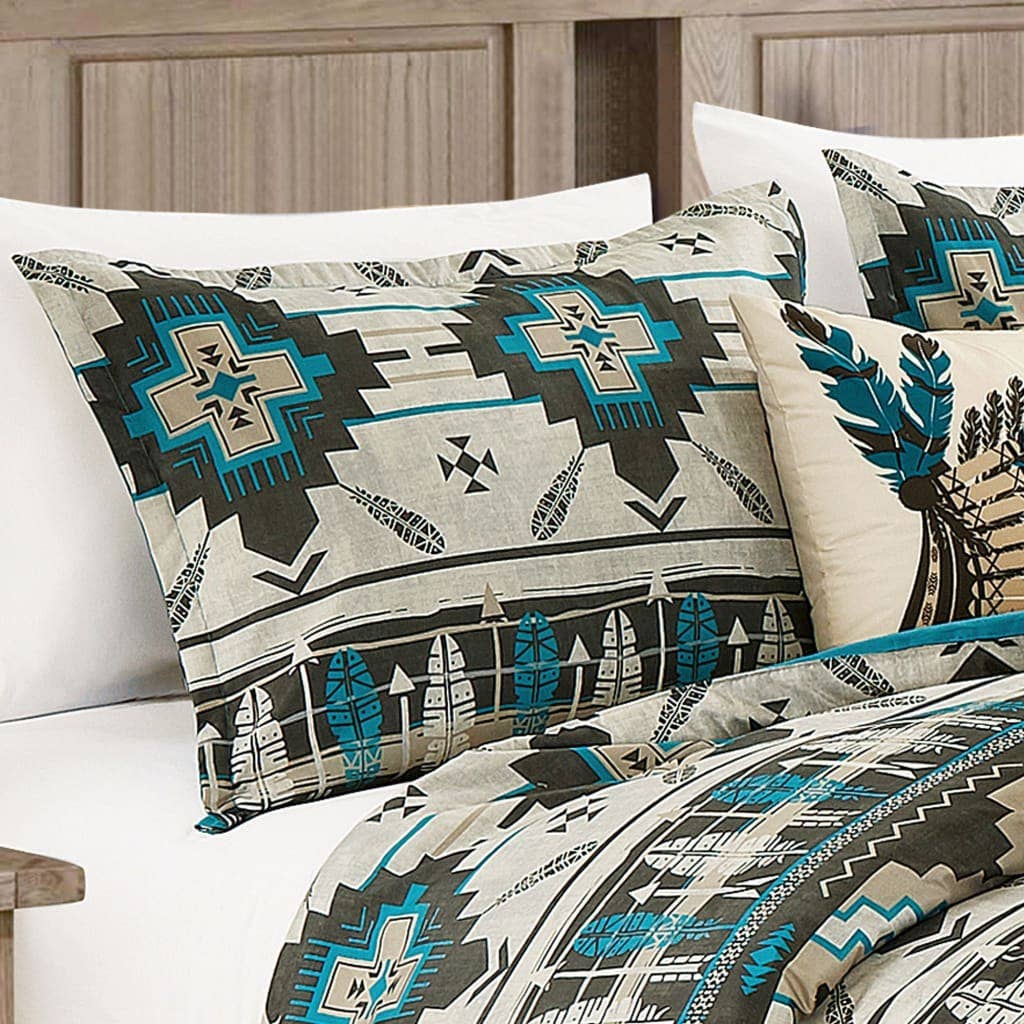 Southwestern Tan Navajo Turquoise Feather Aztec Comforter - 6 Piece Set