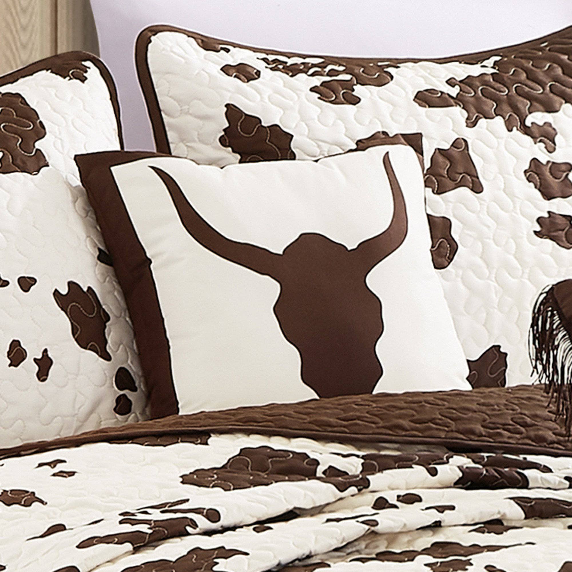 Rustic Cowhide Brown Cow Skull Quilt Set - 4 Piece Set