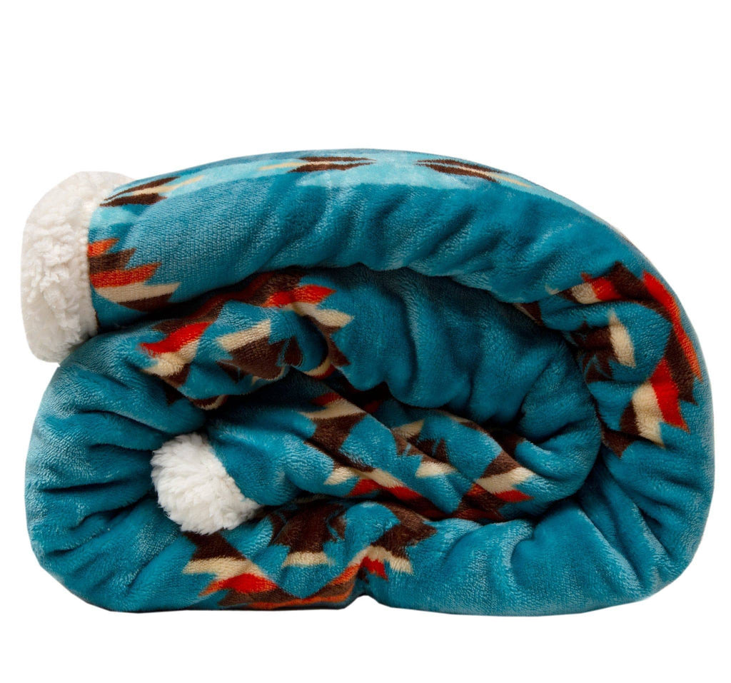 Southwestern Aztec Turquoise Plush Fur Sherpa Borrego Fleece Throw Blanket