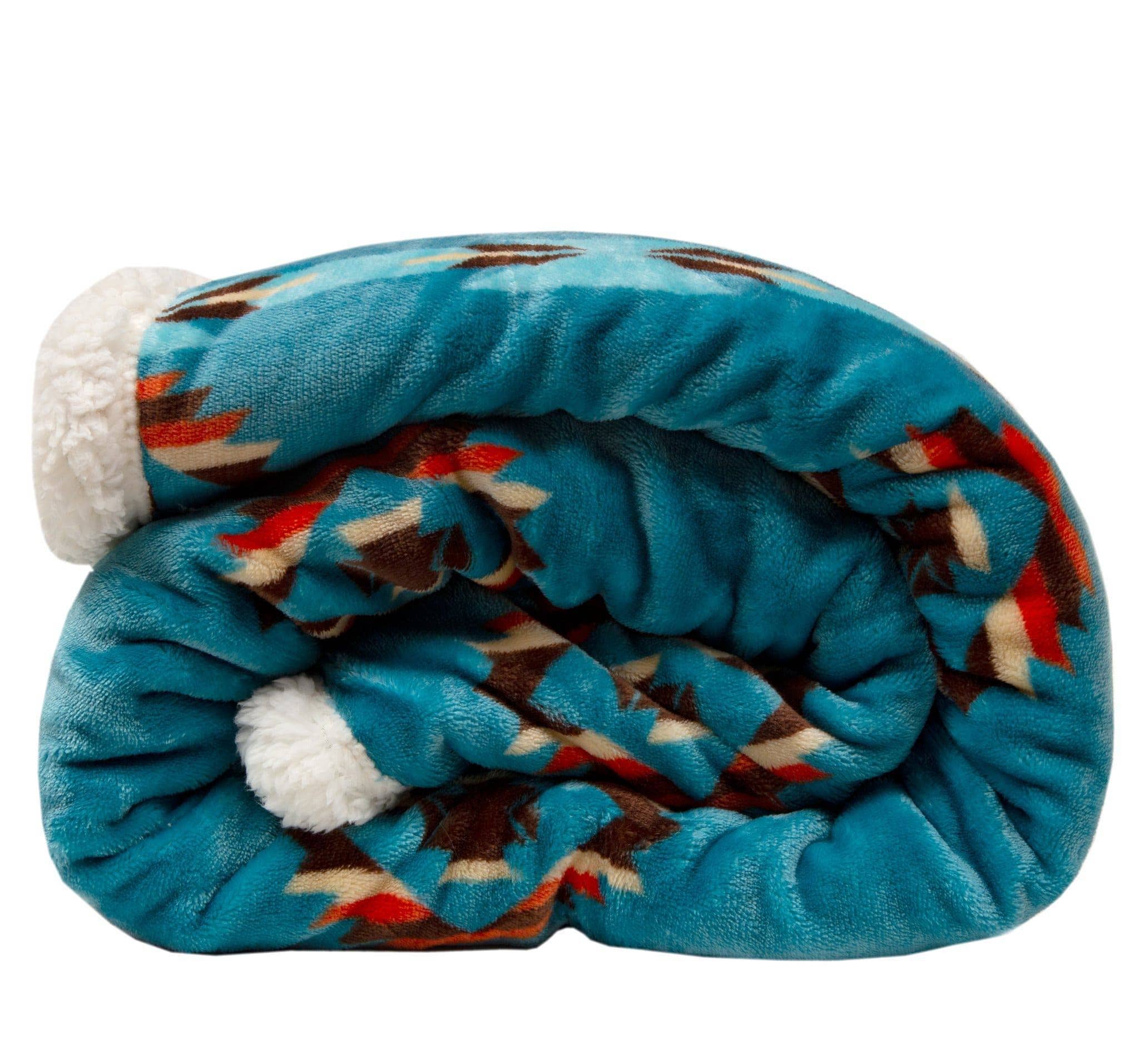Southwestern Aztec Turquoise Plush Fur Sherpa Borrego Fleece Throw Blanket