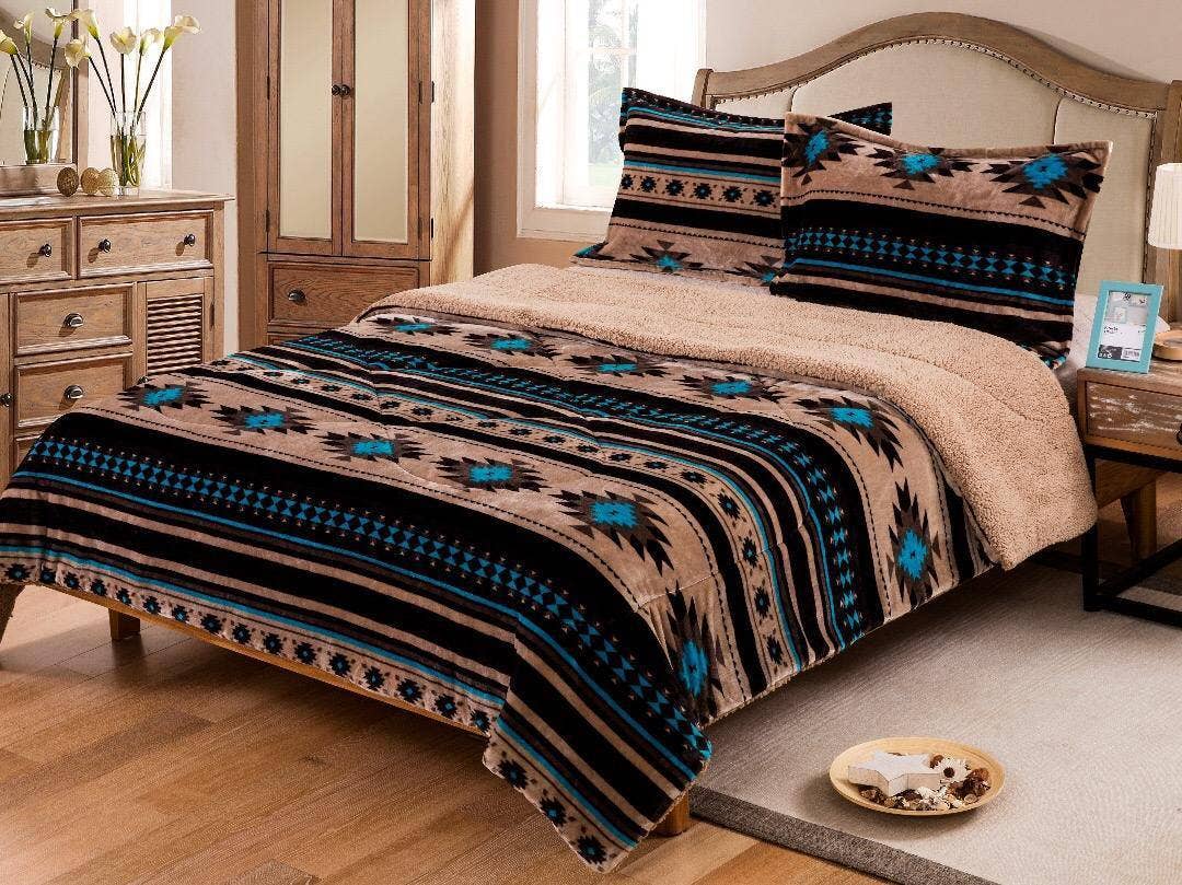 Southwest Aztec Sherpa Fleece Blanket - 3 Piece Set