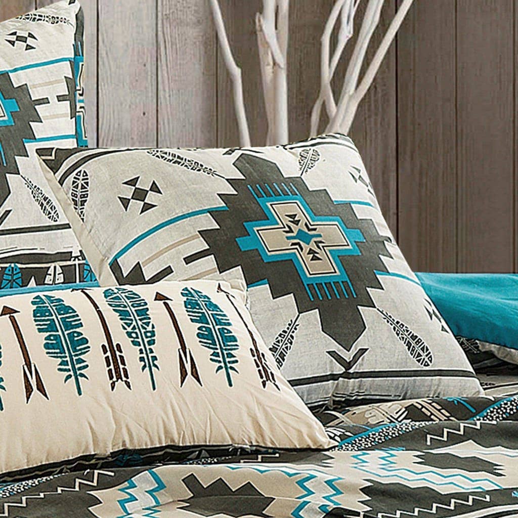 Southwestern Tan Navajo Turquoise Feather Aztec Comforter - 6 Piece Set