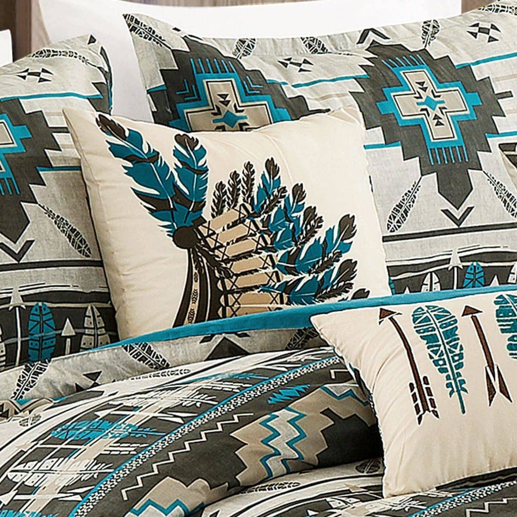 Southwestern Tan Navajo Turquoise Feather Aztec Comforter - 6 Piece Set