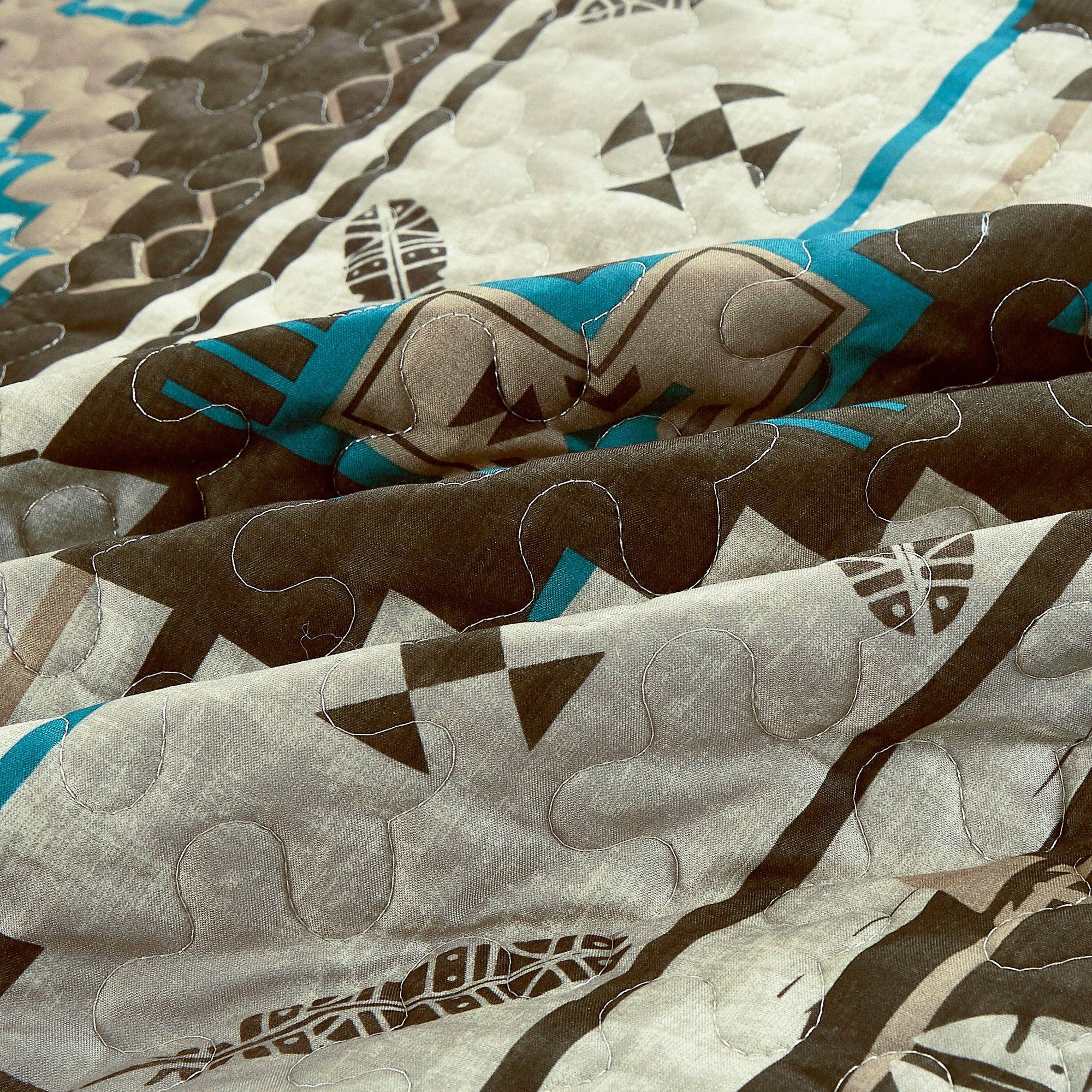 Southwestern Tan Turquoise Feather Aztec Quilt - 5 Piece Set