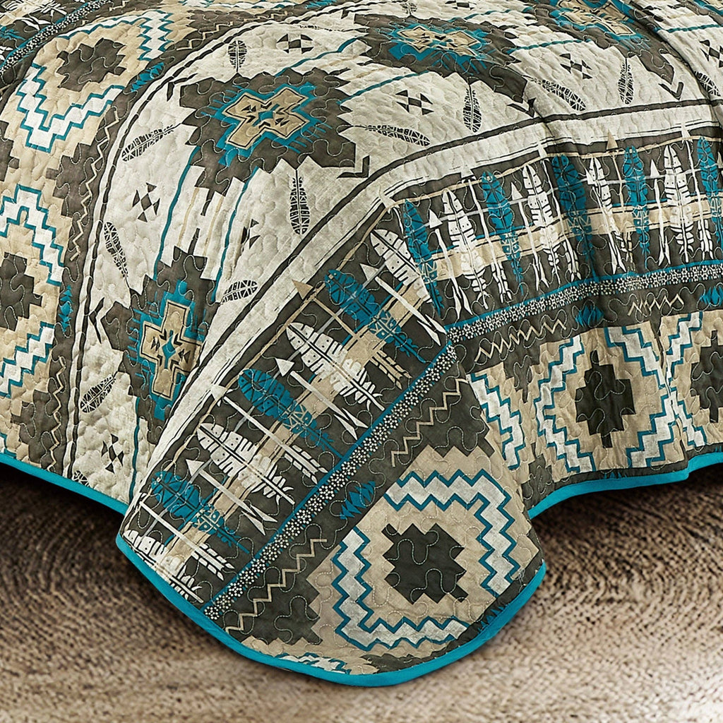Southwestern Tan Turquoise Feather Aztec Quilt - 5 Piece Set