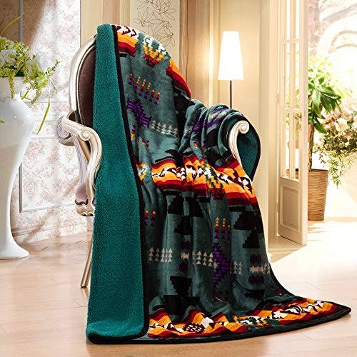 Southwestern Aztec Sherpa Borrego Fleece Throw Blanket