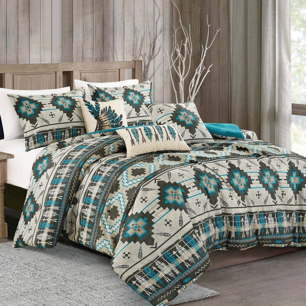 Southwestern Tan Navajo Turquoise Feather Aztec Comforter - 6 Piece Set
