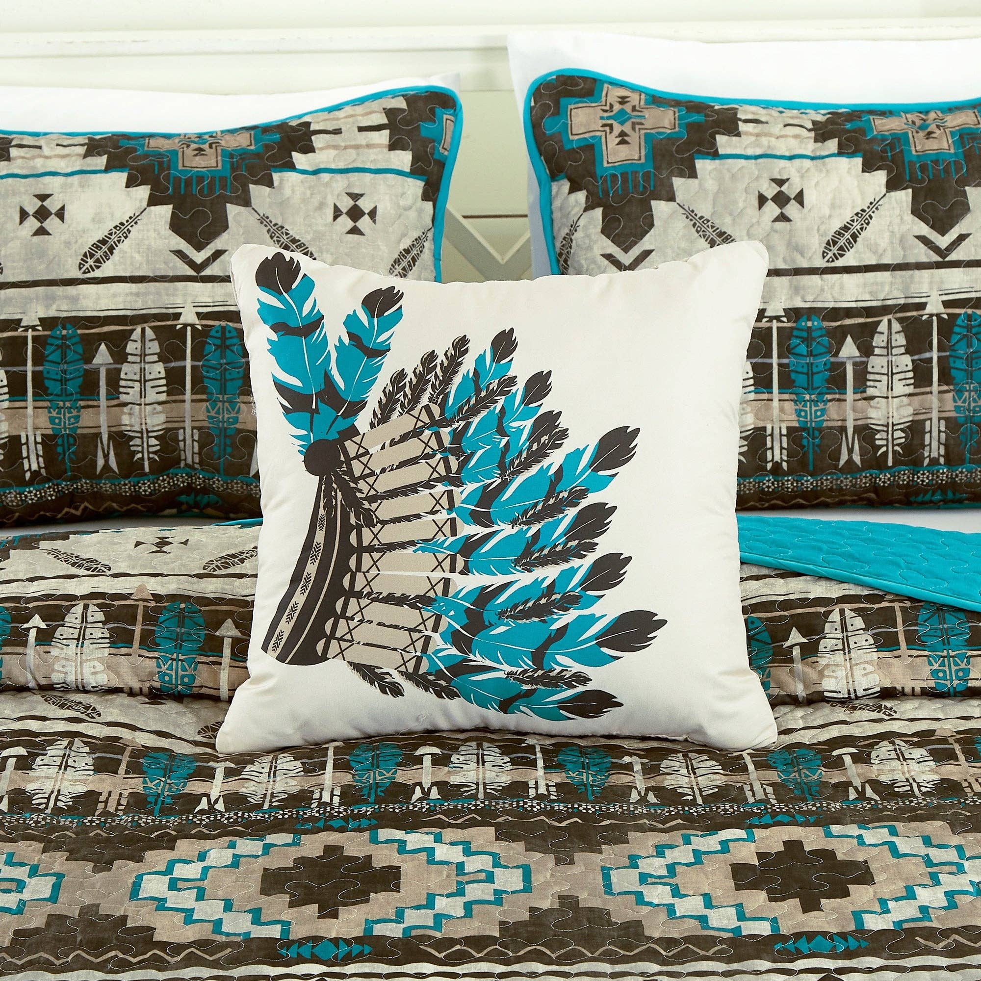 Southwestern Tan Turquoise Feather Aztec Quilt - 5 Piece Set