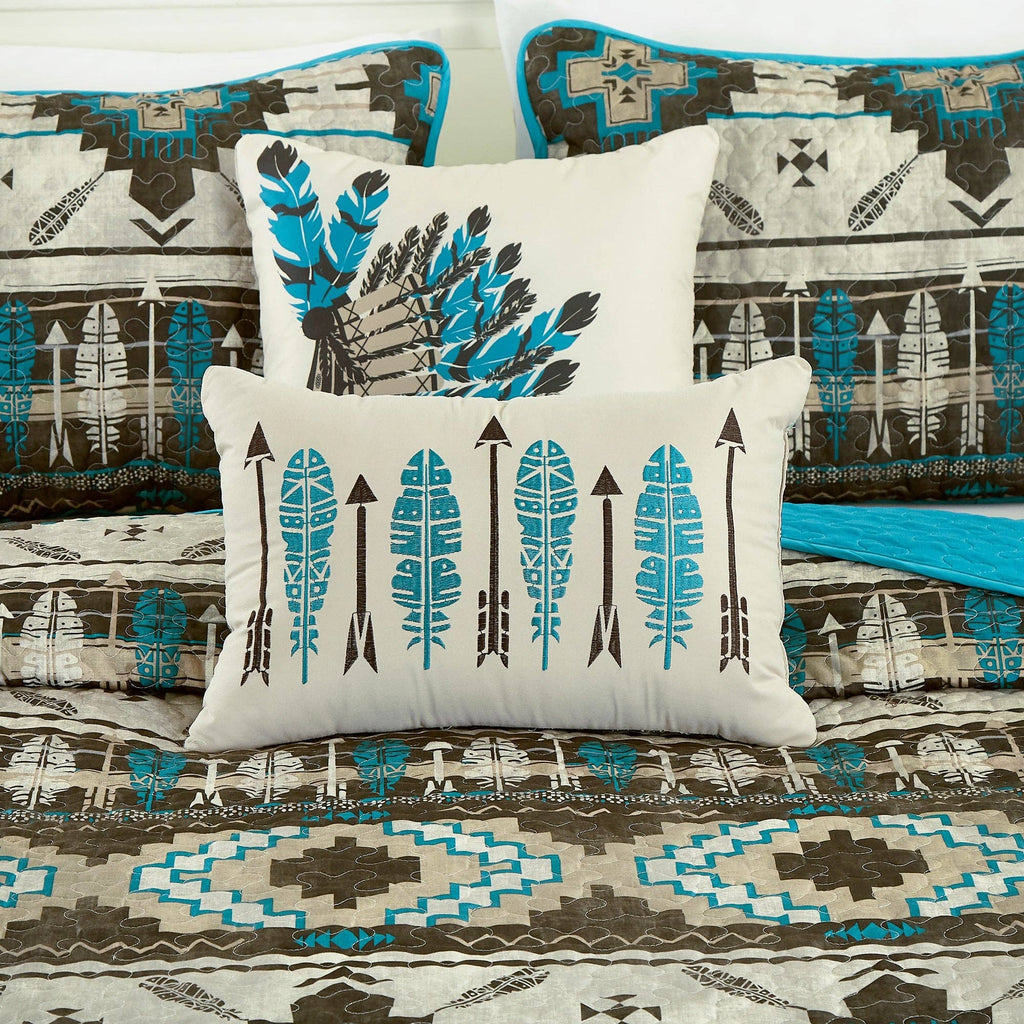 Southwestern Tan Turquoise Feather Aztec Quilt - 5 Piece Set
