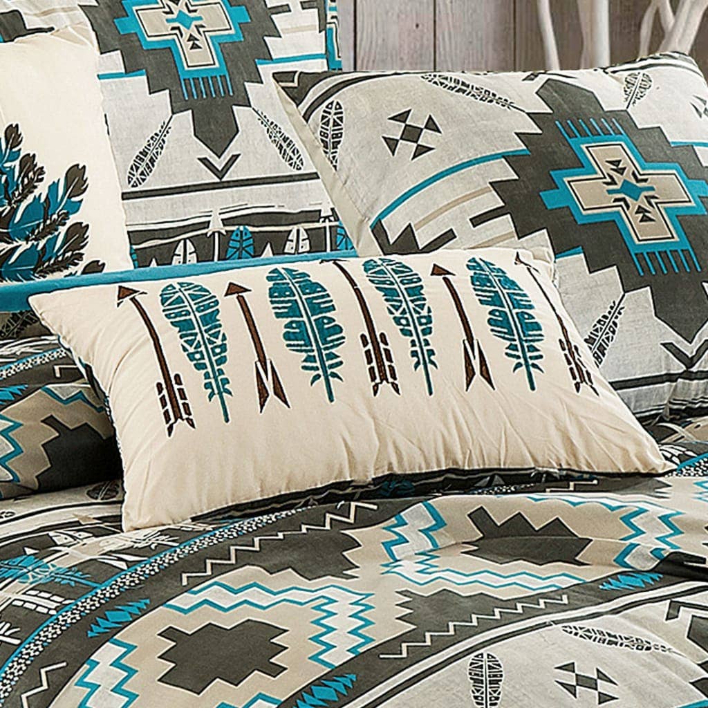 Southwestern Tan Navajo Turquoise Feather Aztec Comforter - 6 Piece Set