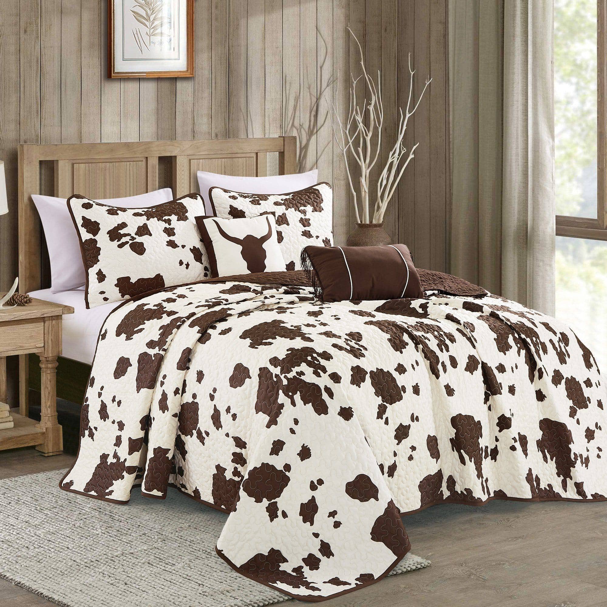 Rustic Cowhide Brown Cow Skull Quilt Set - 4 Piece Set