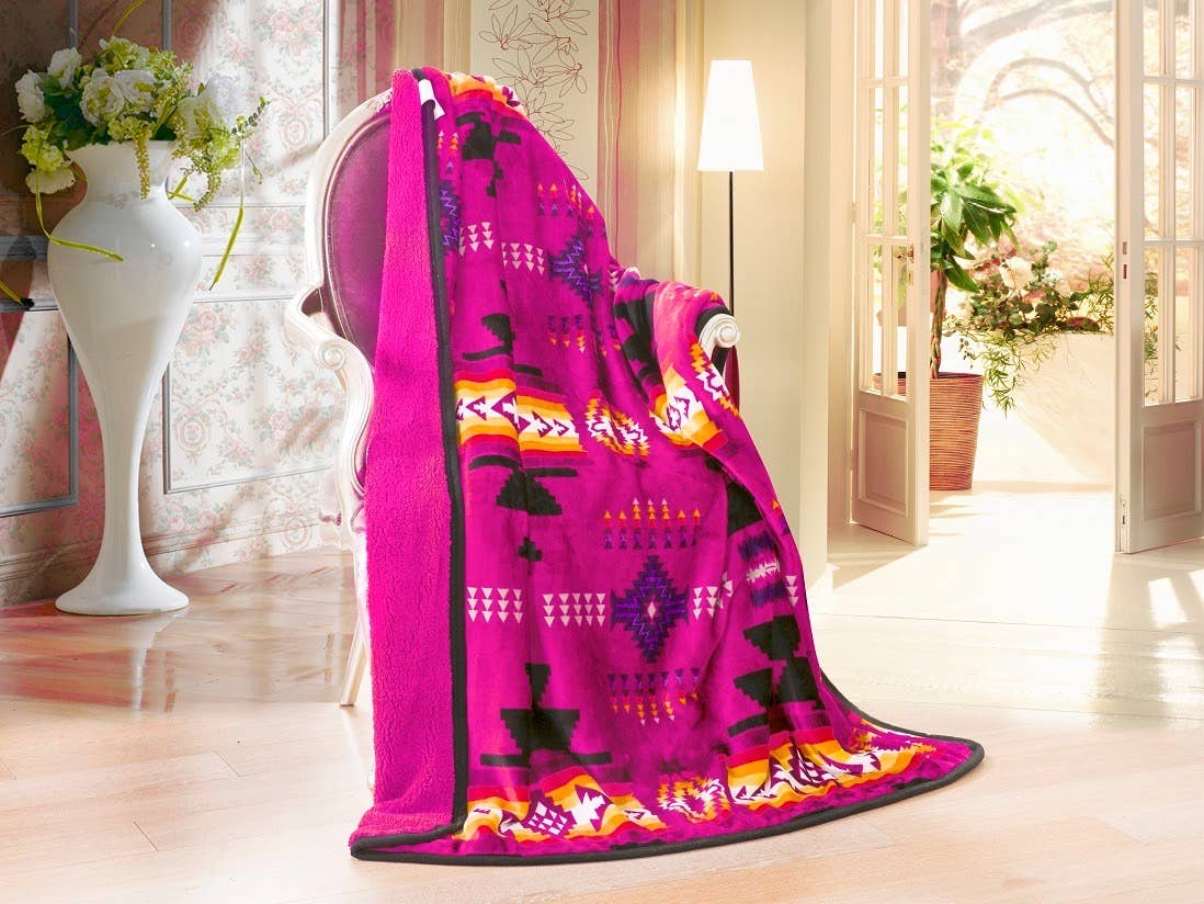 Southwestern Aztec Sherpa Borrego Fleece Throw Blanket
