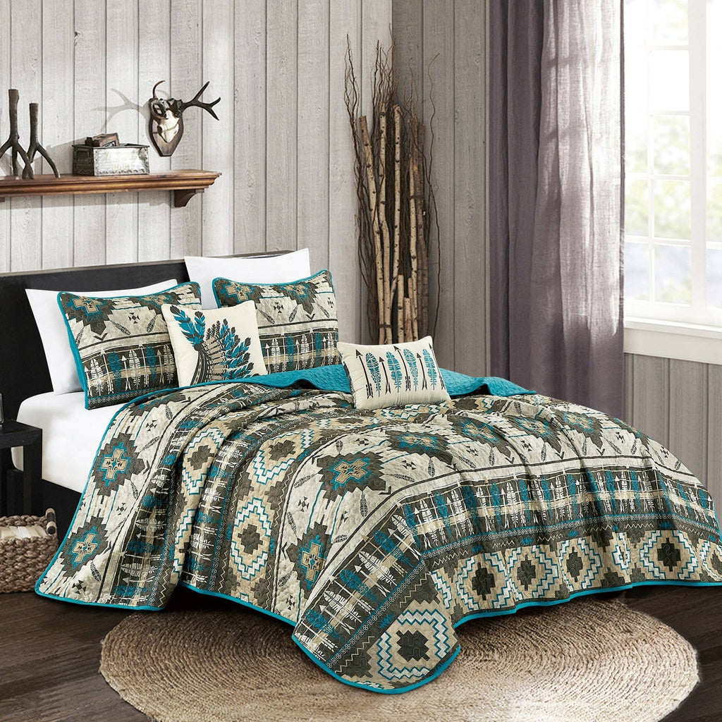 Southwestern Tan Turquoise Feather Aztec Quilt - 5 Piece Set
