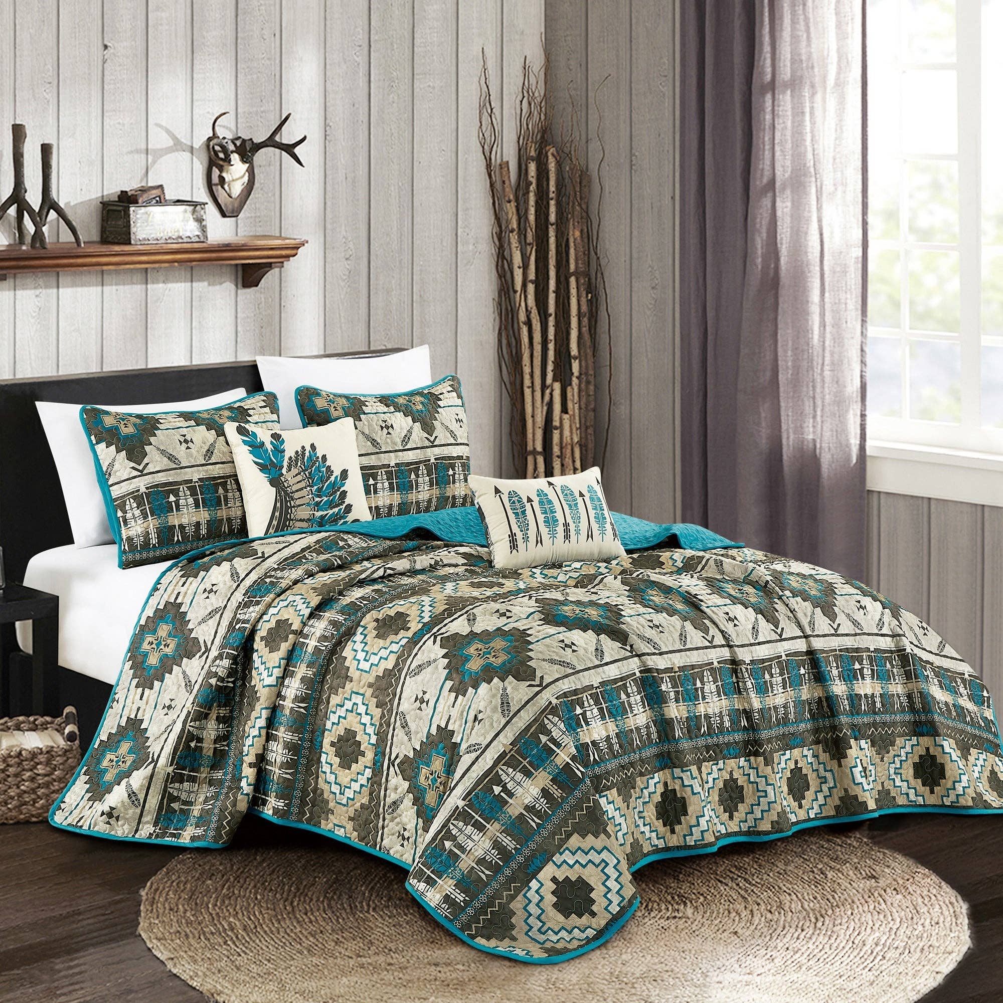 Southwestern Tan Turquoise Feather Aztec Quilt - 5 Piece Set