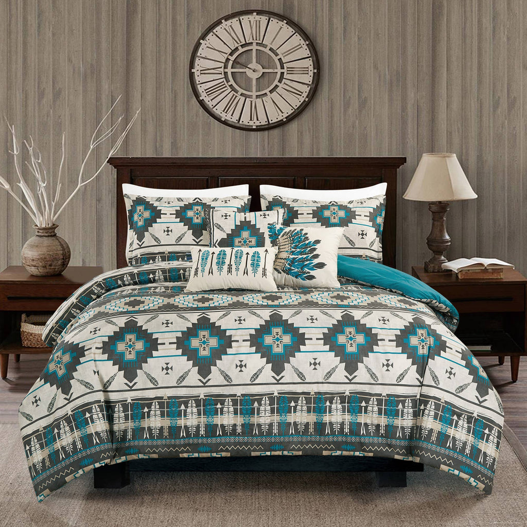 Southwestern Tan Navajo Turquoise Feather Aztec Comforter - 6 Piece Set