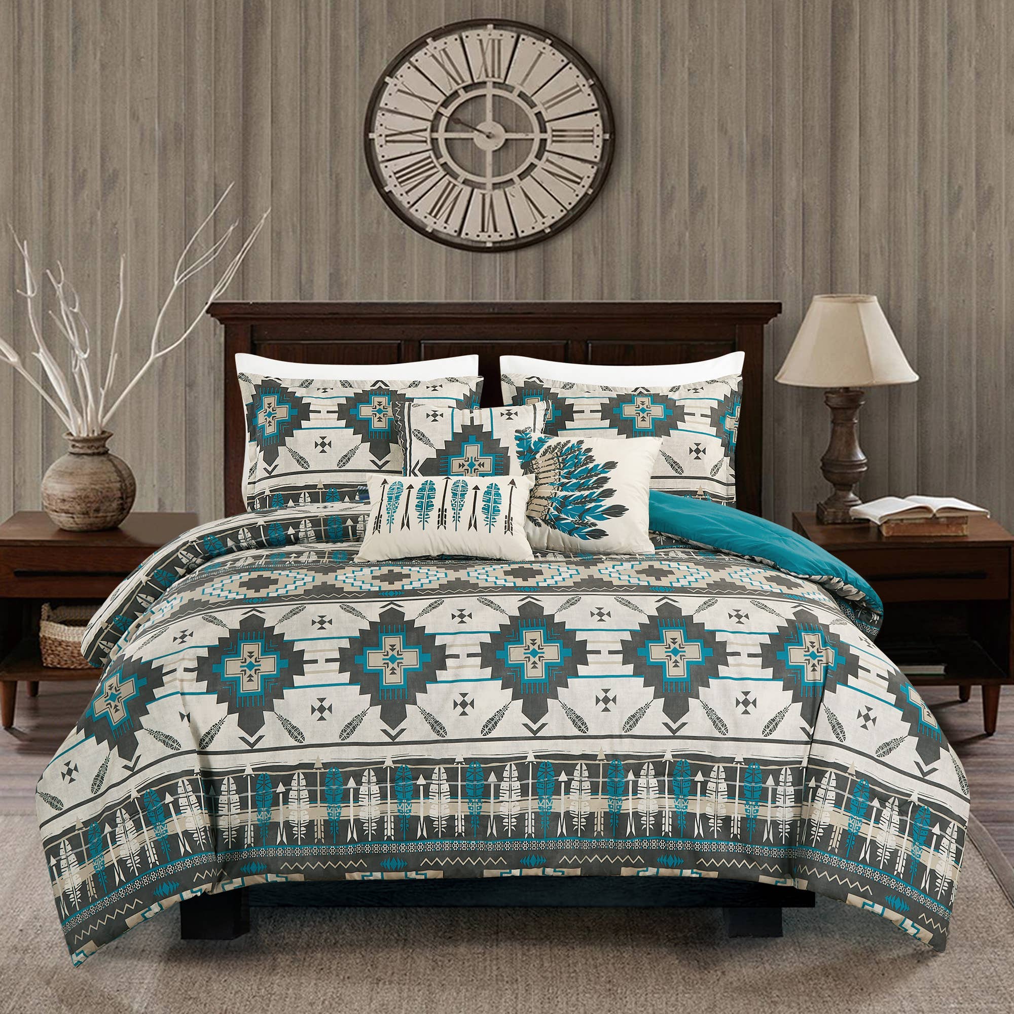 Southwestern Tan Navajo Turquoise Feather Aztec Comforter - 6 Piece Set